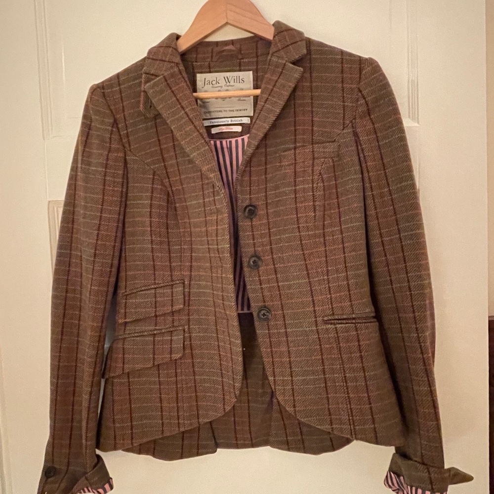 Jack Wills plaid wool blazer riding jacket asymmetrical hem lined UK size 12